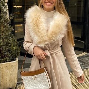 Women mauve pink faux suede fur trim women jacket trench coat warm belted wrap